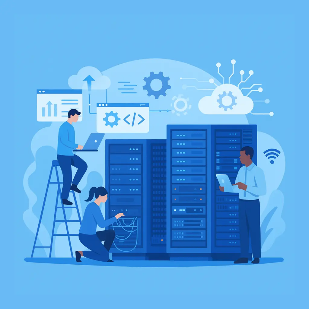 ilustrasi IT, data center, digital transformation, atau tim profesional