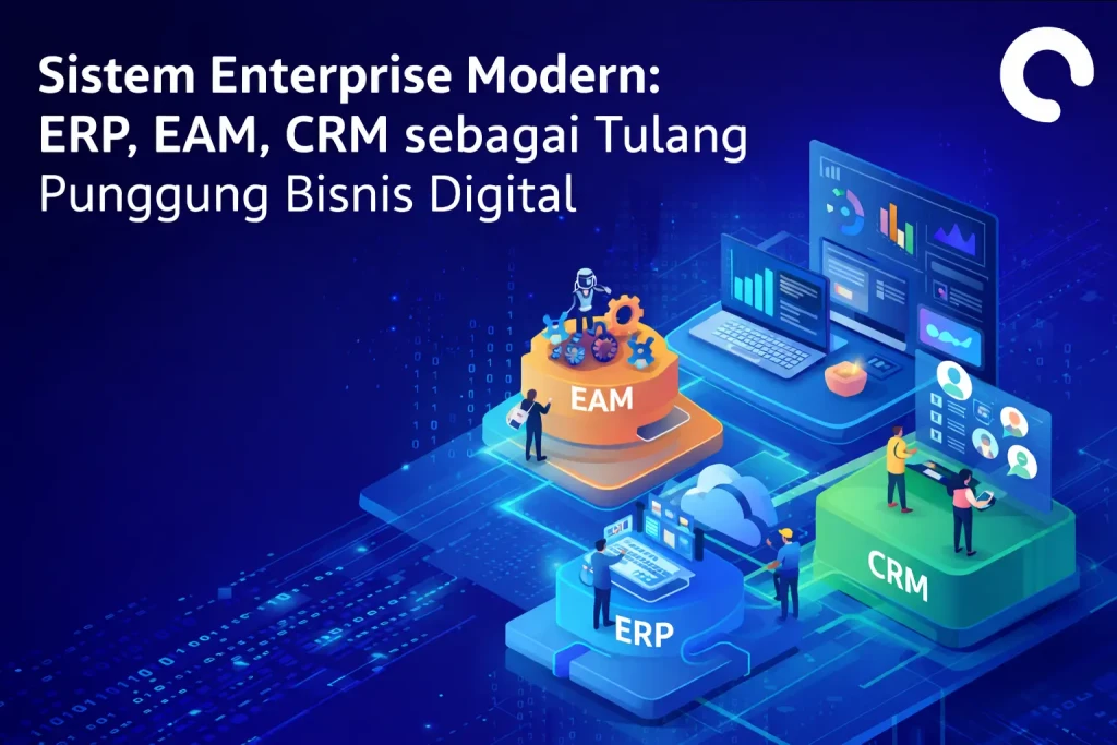Diagram sistem enterprise modern ERP CRM EAM HRIS dalam transformasi digital perusahaan